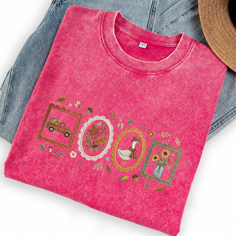 Embroidered Autumn Postcards Washed Crew Neck T-Shirt
