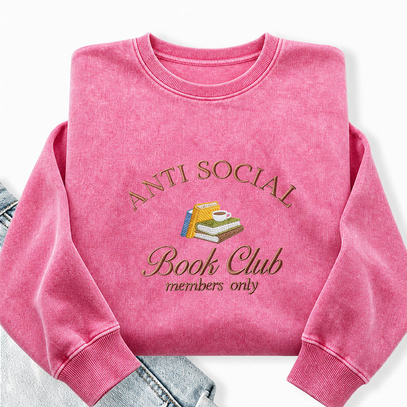 Embroidered Anti Social Book Club Washed Crewneck Sweatshirt