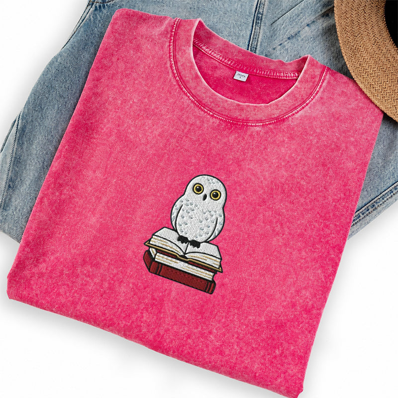 Embroidered Snow Owl On Bookstack Washed Crew Neck T-Shirt
