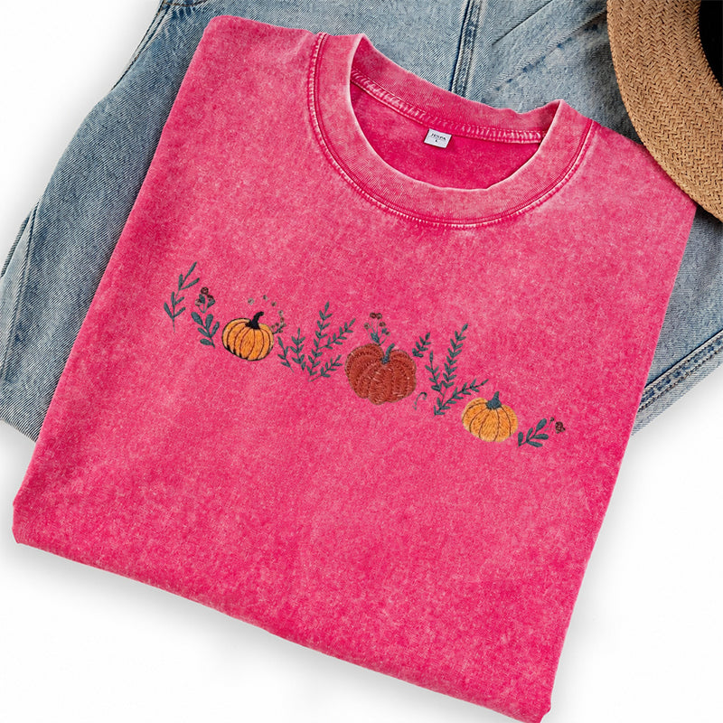 Embroidered Fall Enchanted Pumpkins Washed Crew Neck T-Shirt