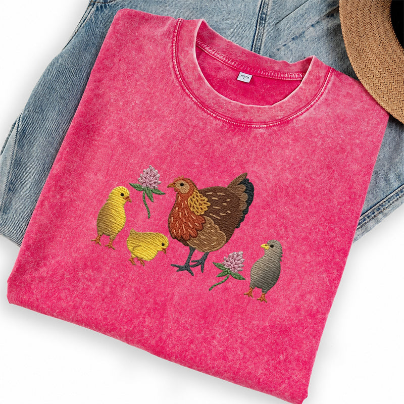 Embroidered Hen & Chicks Washed Crew Neck T-Shirt