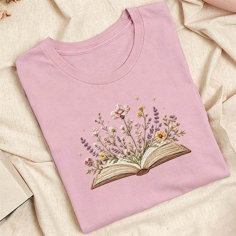 Embroidered Floral Book Classic Adult Unisex Crew Neck T-Shirt