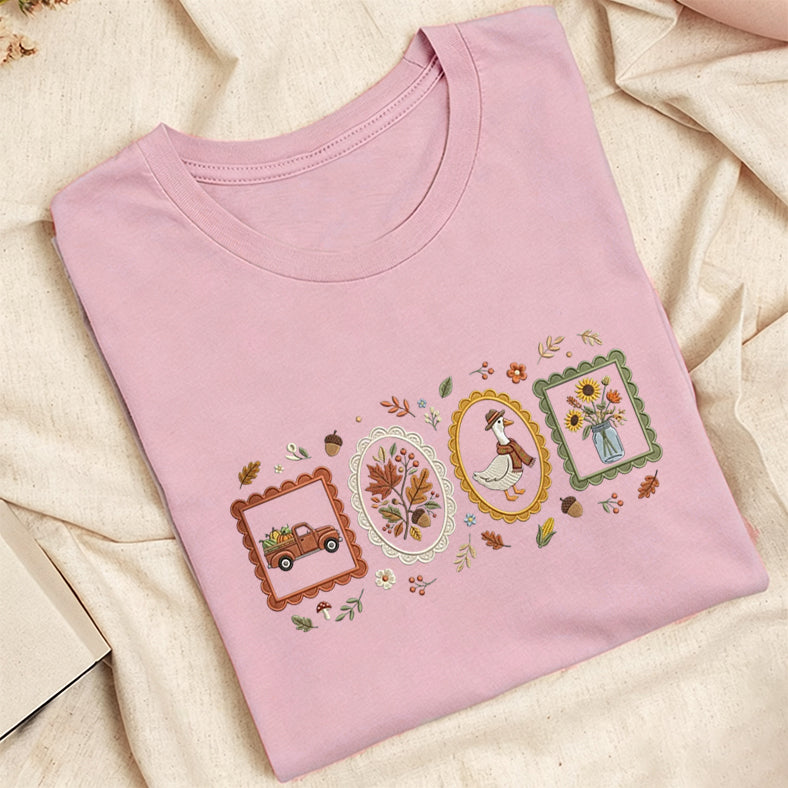 Embroidered Autumn Postcards Classic Adult Unisex Crew Neck T-Shirt