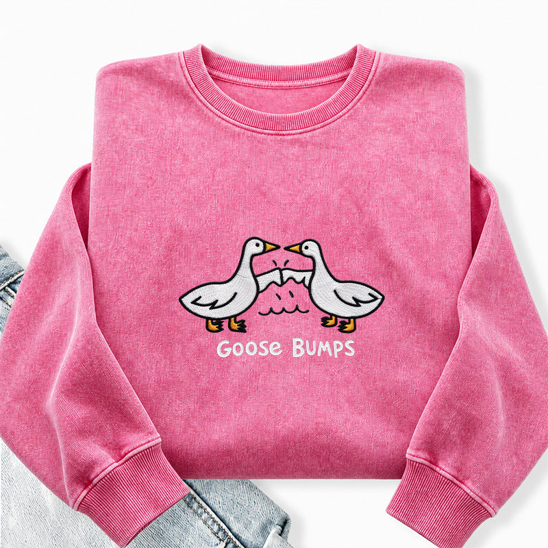 Embroidered Funny Goose Bumps Washed Crewneck Sweatshirt