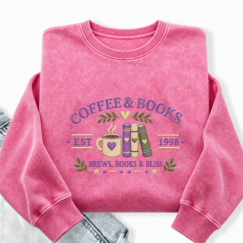 Embroidered Coffee and Books Washed Crewneck Sweatshirt