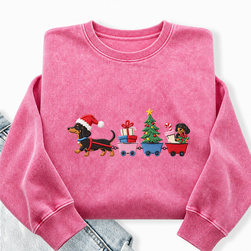 Embroidered Christmas Dachshund Washed Crewneck Sweatshirt