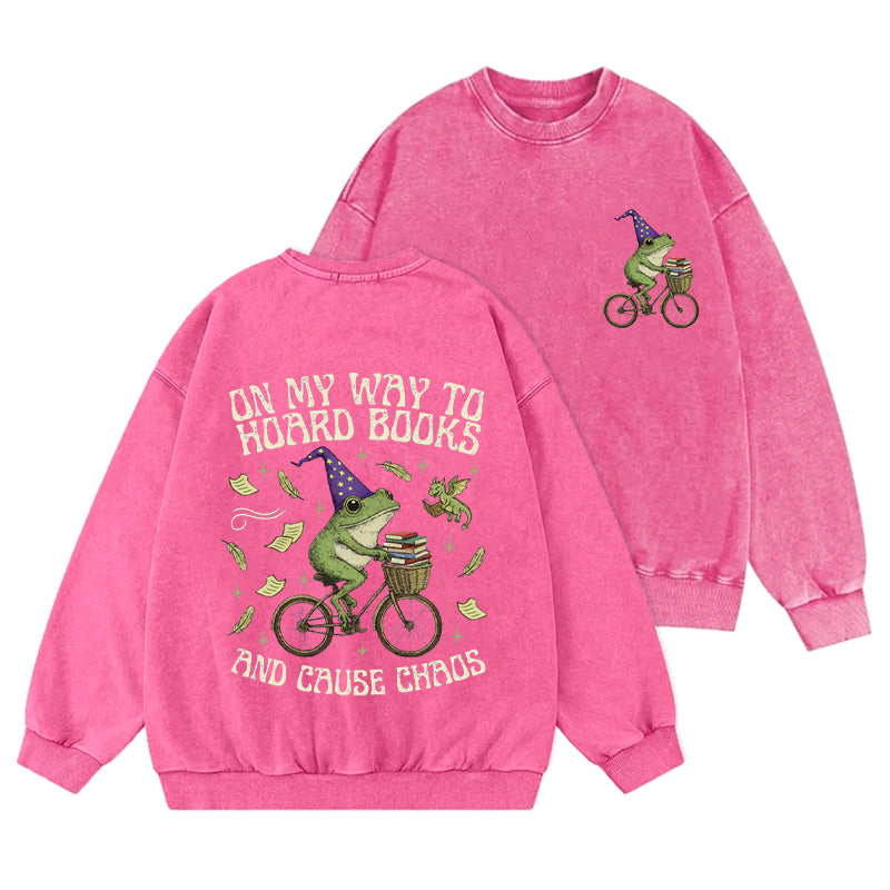 Off To Hoard Books Bookish Frog Washed Crewneck Sweatshirt