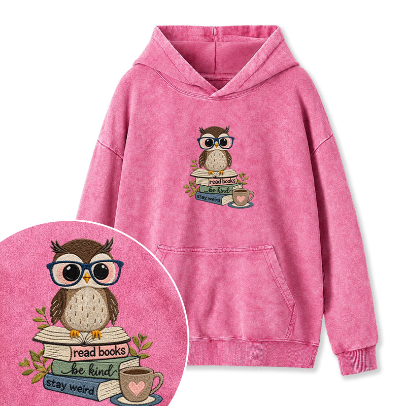 Embroidered Read Books Be Kind Owl Washed Hoodie