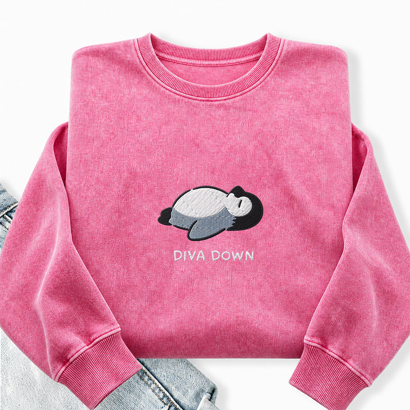Embroidered Diva Down Penguin Washed Crewneck Sweatshirt