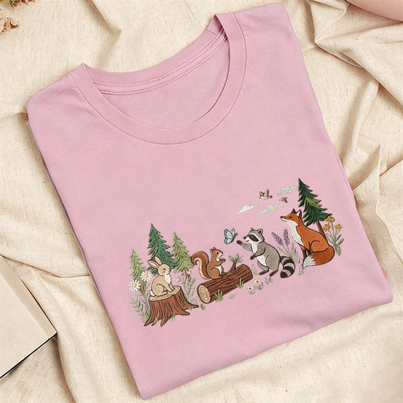 Embroidered Woodland Animals Classic Adult Unisex Crew Neck T-Shirt