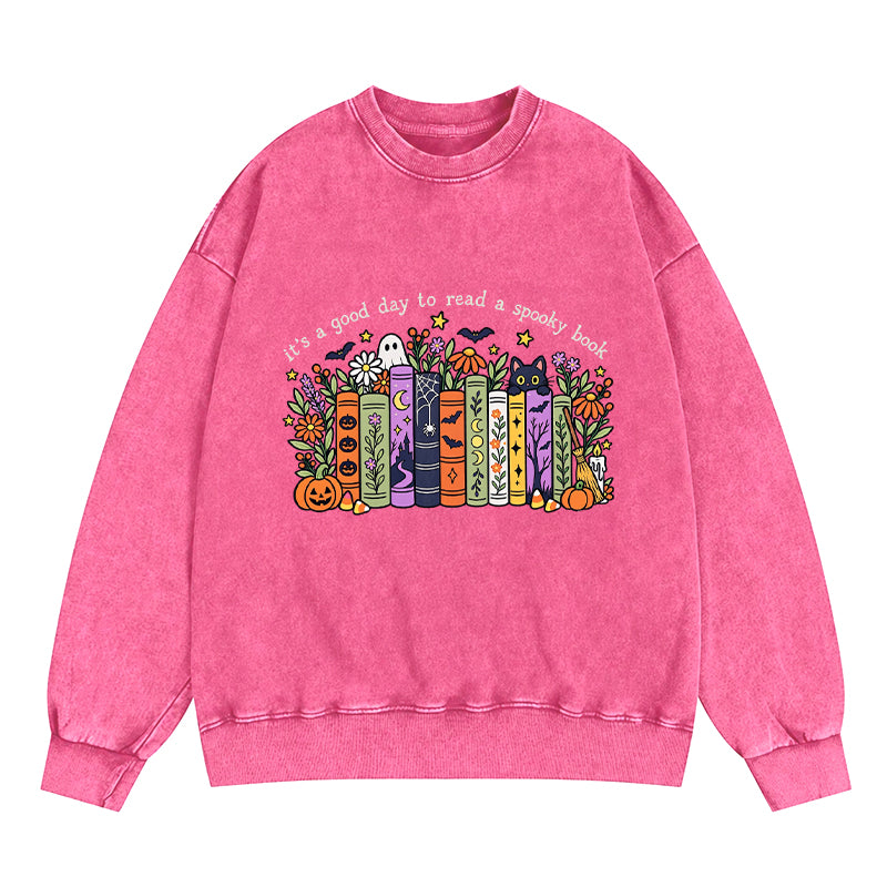 It's a Good Day to Read a Spooky Book Washed Crewneck Sweatshirt