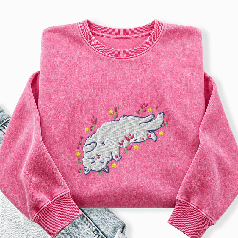 Embroidered Floral Playing Cat Washed Crewneck Sweatshirt