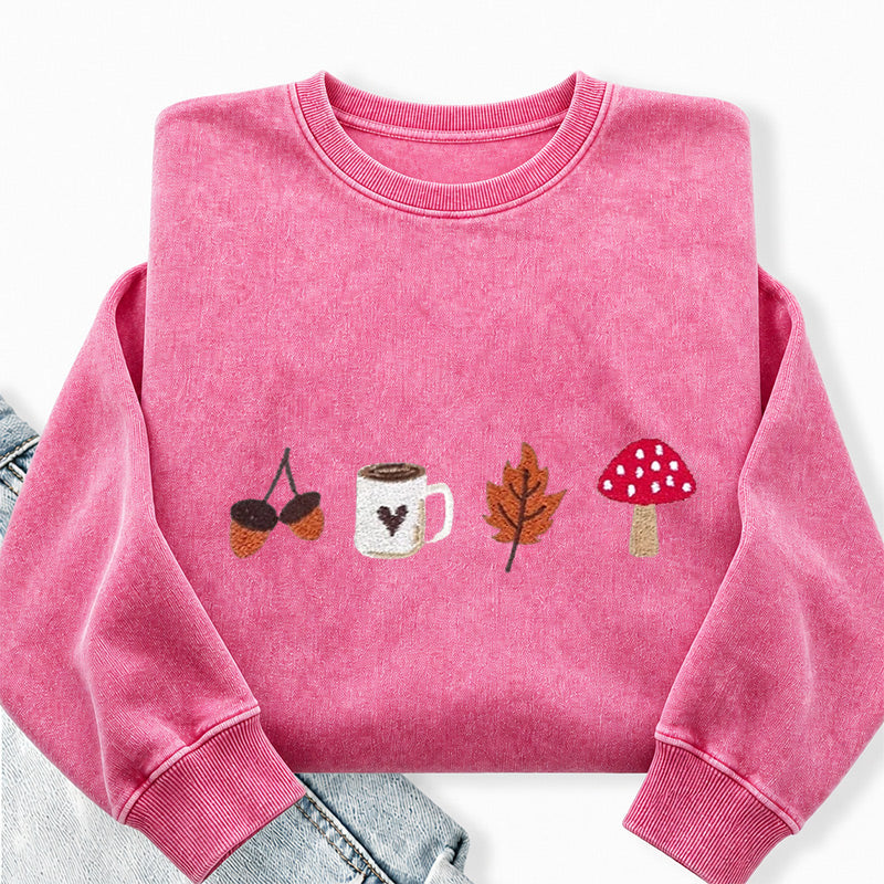 Embroidered Cozy Autumn Washed Crewneck Sweatshirt