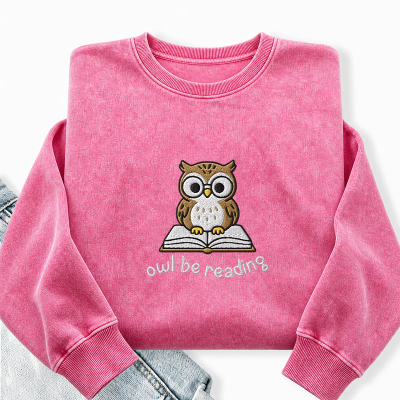 Embroidered Owl Be Reading Washed Crewneck Sweatshirt