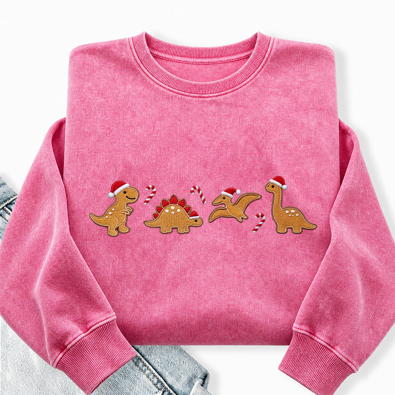 Embroidered Gingerbread Dinosaur Washed Crewneck Sweatshirt