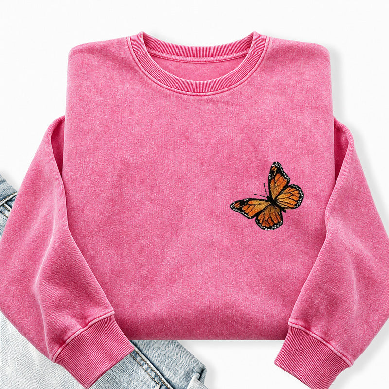 Embroidered Monarch Butterfly Washed Crewneck Sweatshirt
