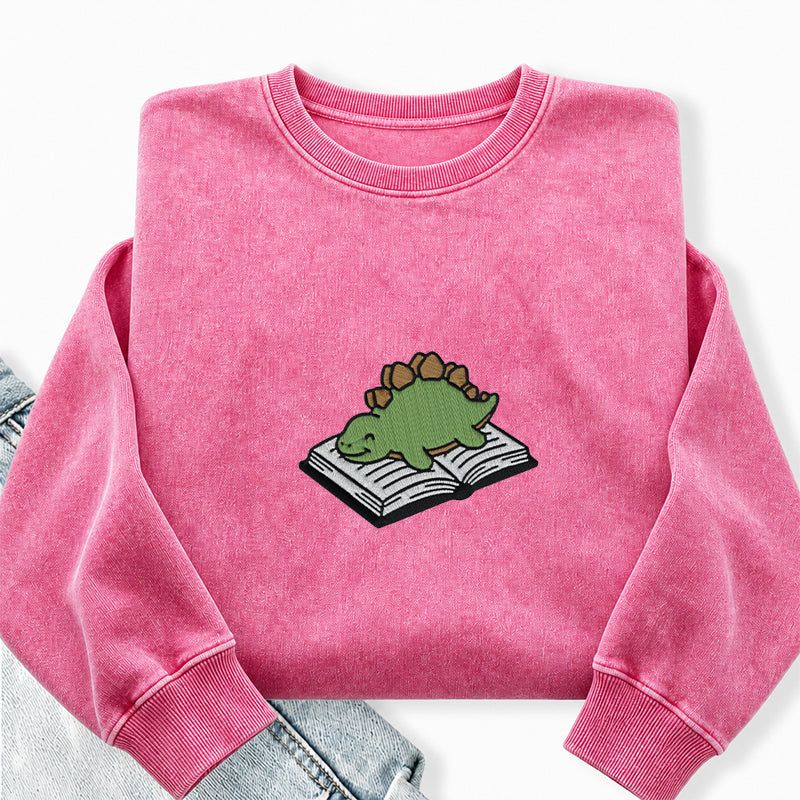 Embroidered Dinosaur Reading Books Washed Crewneck Sweatshirt