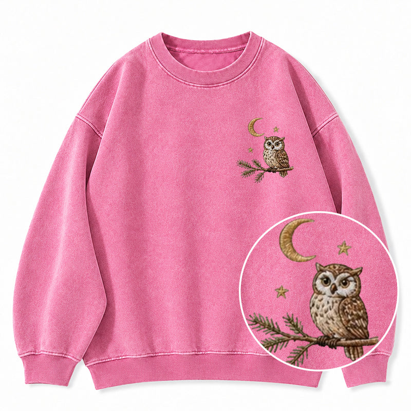 Embroidered Night Owl Washed Crewneck Sweatshirt