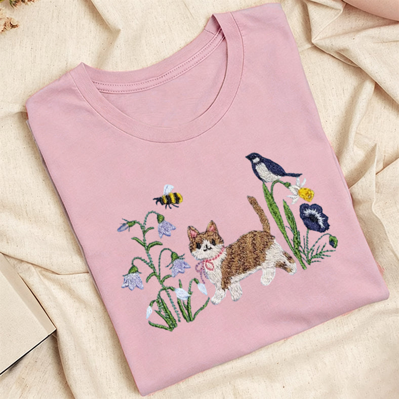 Embroidered Cat Wildflower Classic Adult Unisex Crew Neck T-Shirt