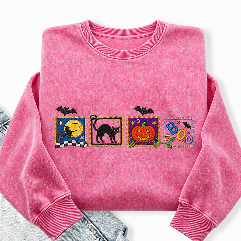 Embroidered Retro Halloween Washed Crewneck Sweatshirt