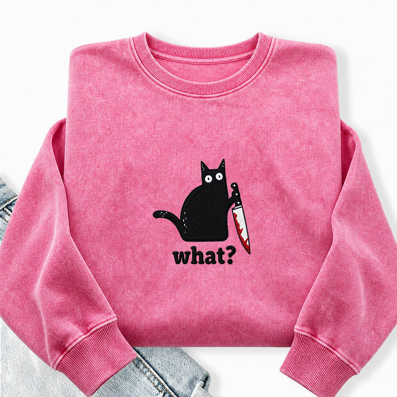 Embroidered Black Cat What Washed Crewneck Sweatshirt