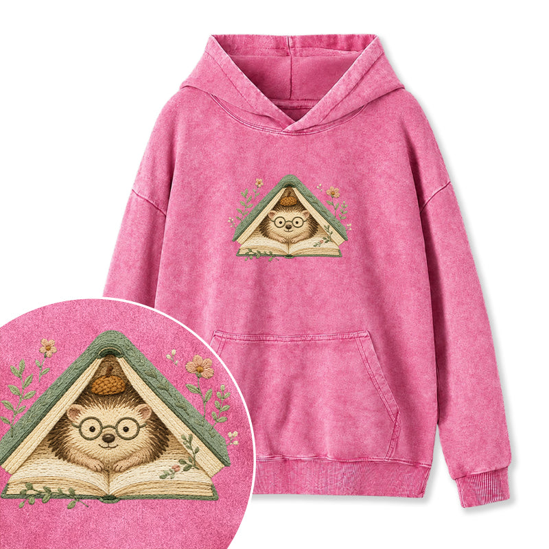 Embroidered Hedgehog Book Flower Washed Hoodie
