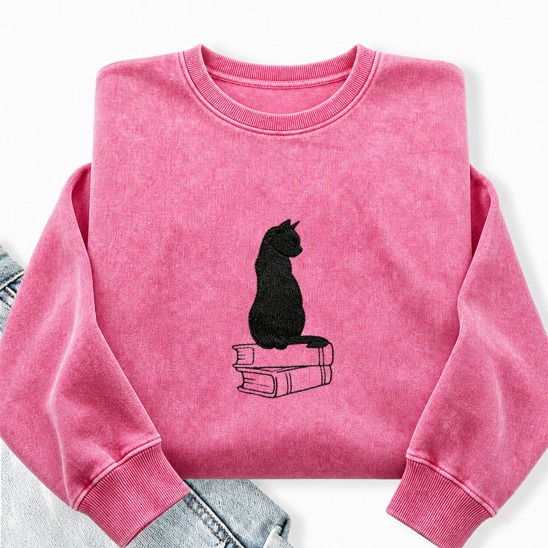 Embroidered Black Cat On Book Washed Crewneck Sweatshirt