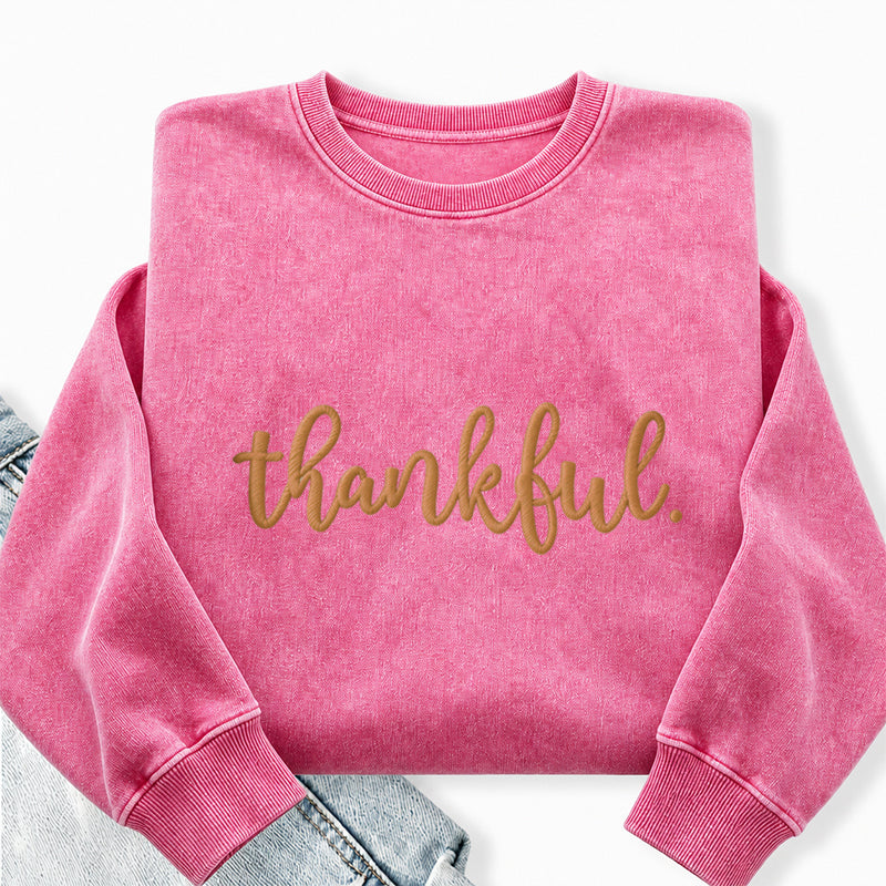 Embroidered Thankful Thanksgiving Washed Crewneck Sweatshirt