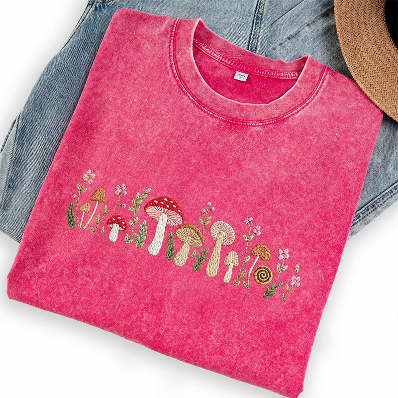 Embroidered Enchanted Mushroom Washed Crew Neck T-Shirt
