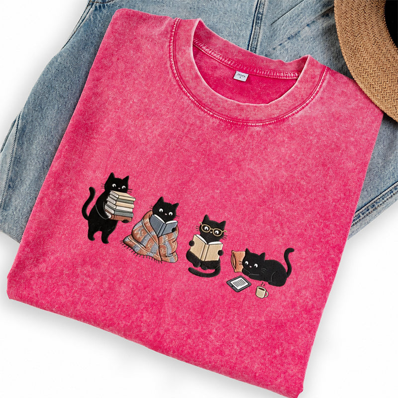 Embroidered Bookish Black Cats Washed Crew Neck T-Shirt