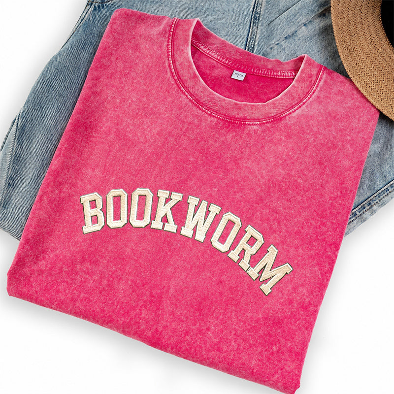 Embroidered Bookworm Washed Crew Neck T-Shirt