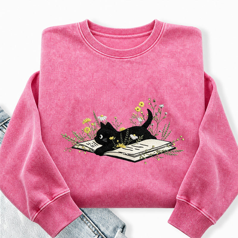 Embroidered Floral Book Cat Washed Crewneck Sweatshirt