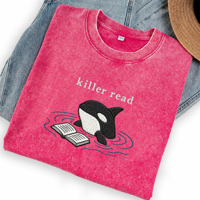 Embroidered Killer Read Orca Washed Crew Neck T-Shirt