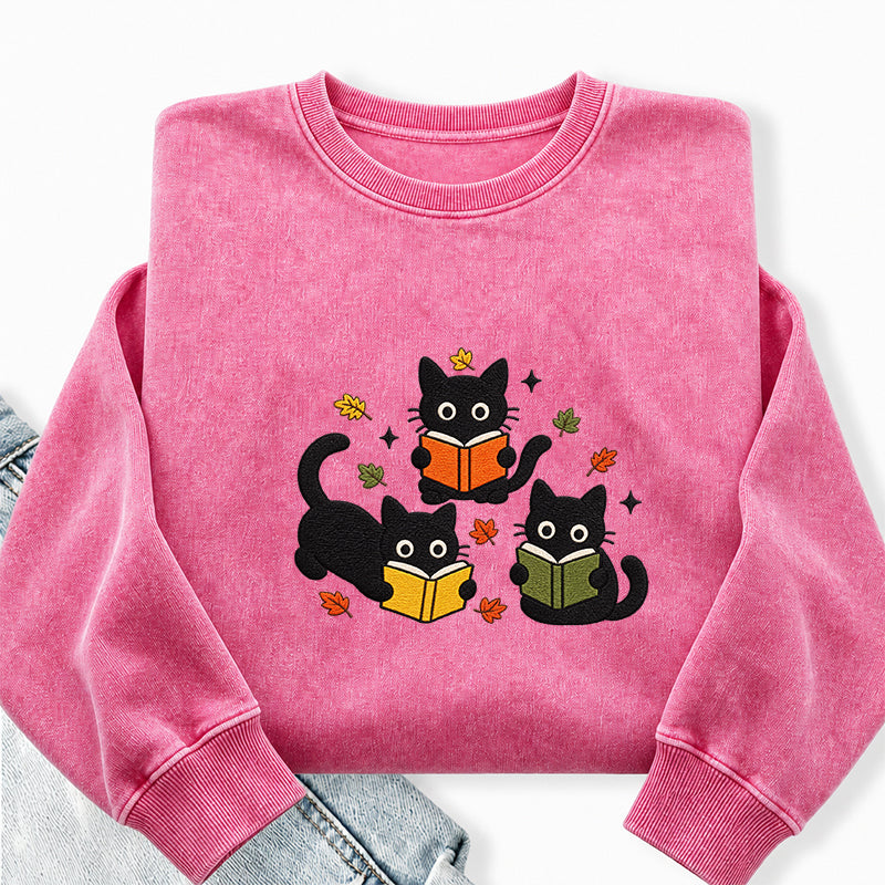 Embroidered Fall Black Cat Reading Books Washed Crewneck Sweatshirt