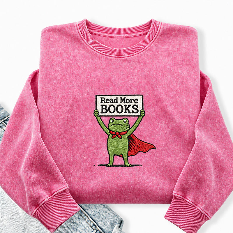 Embroidered Read More Books Frog Washed Crewneck Sweatshirt