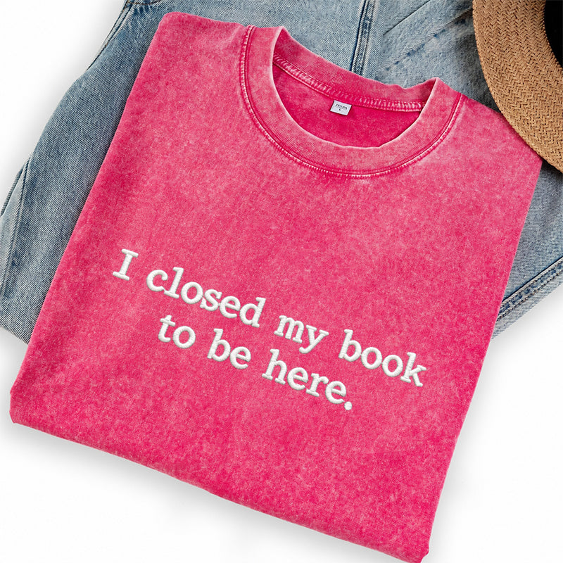 Embroidered Close Book Be Here Washed Crew Neck T-Shirt