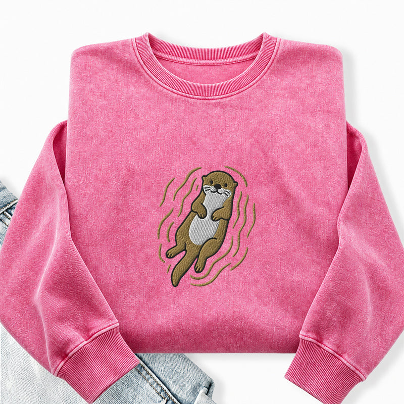 Embroidered Otter Washed Crewneck Sweatshirt