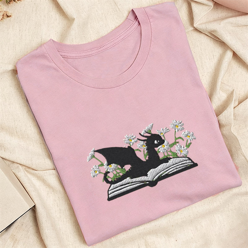 Embroidered Floral Dragon Book Classic Adult Unisex Crew Neck T-Shirt