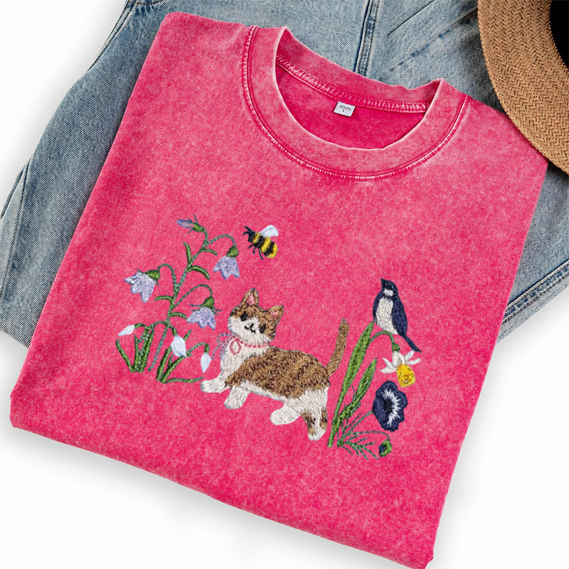 Embroidered Cat Wildflower Washed Crew Neck T-Shirt