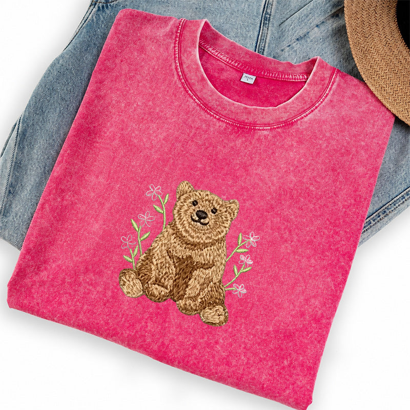 Embroidered Floral Bear Washed Crew Neck T-Shirt