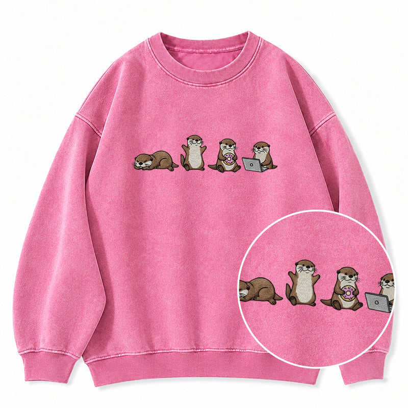 Embroidered Sea Otters Washed Crewneck Sweatshirt