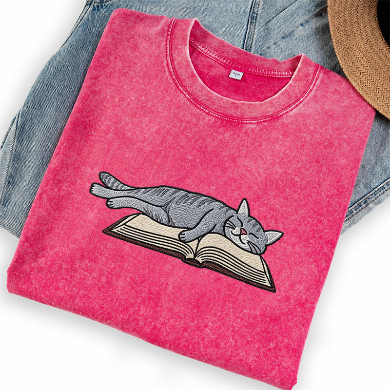 Embroidered Cat Sleeping On Book Washed Crew Neck T-Shirt