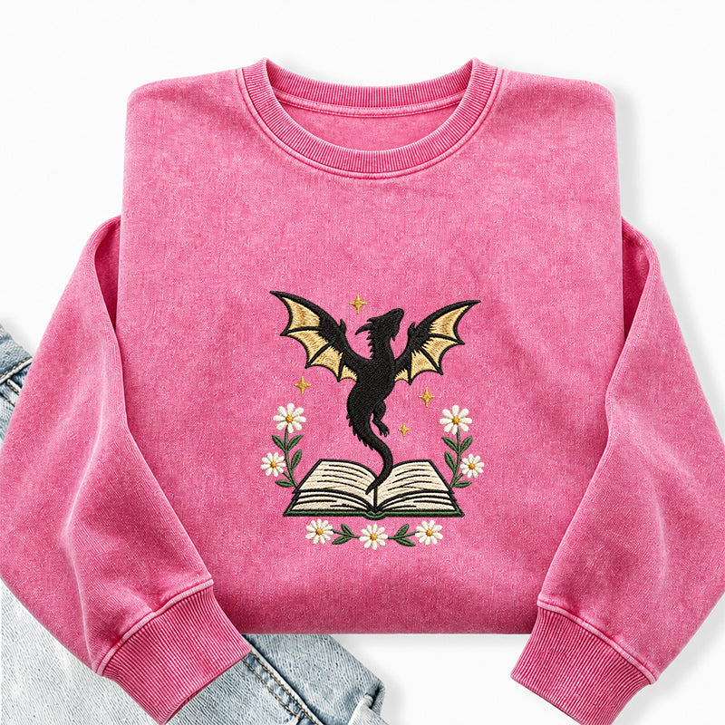 Embroidered Dragon Floral Book Washed Crewneck Sweatshirt
