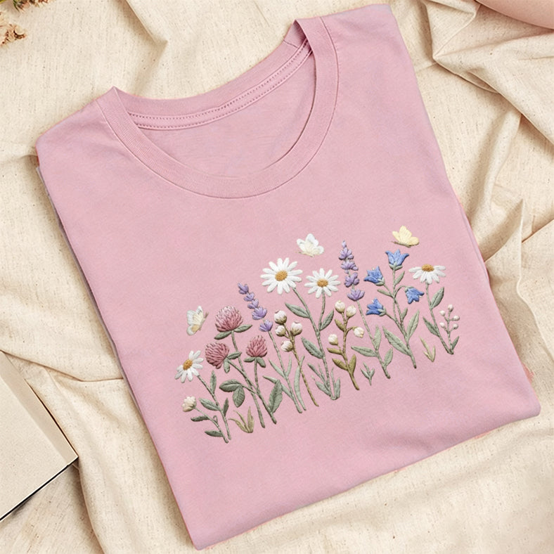 Embroidered Wildflower Classic Adult Unisex Crew Neck T-Shirt