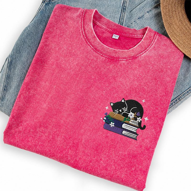 Embroidered Black Cat Floral Book Washed Crew Neck T-Shirt