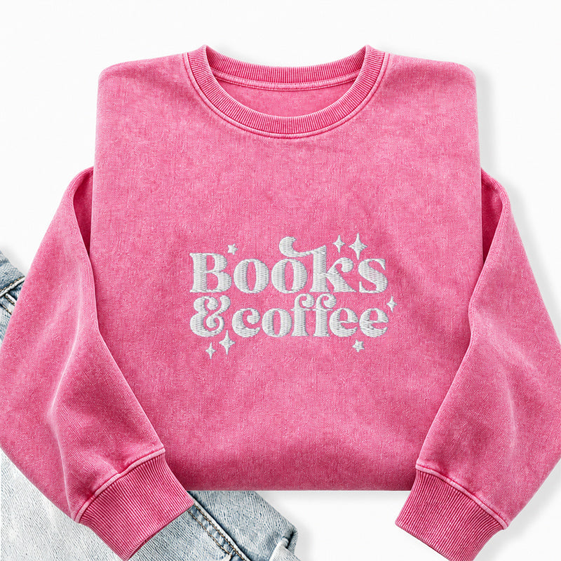 Embroidered Books & Coffee Washed Crewneck Sweatshirt