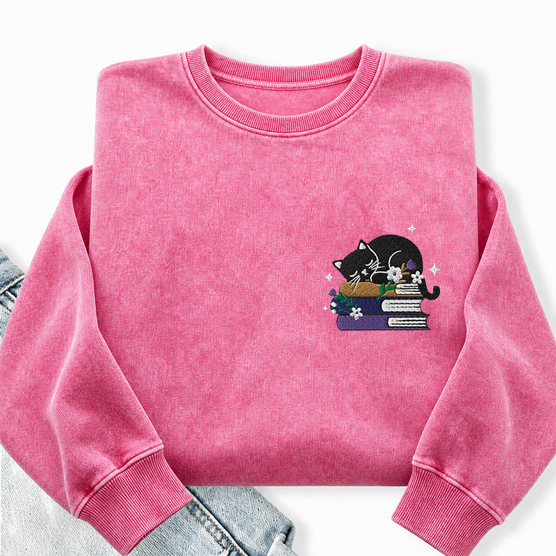 Embroidered Cat Book Washed Crewneck Sweatshirt