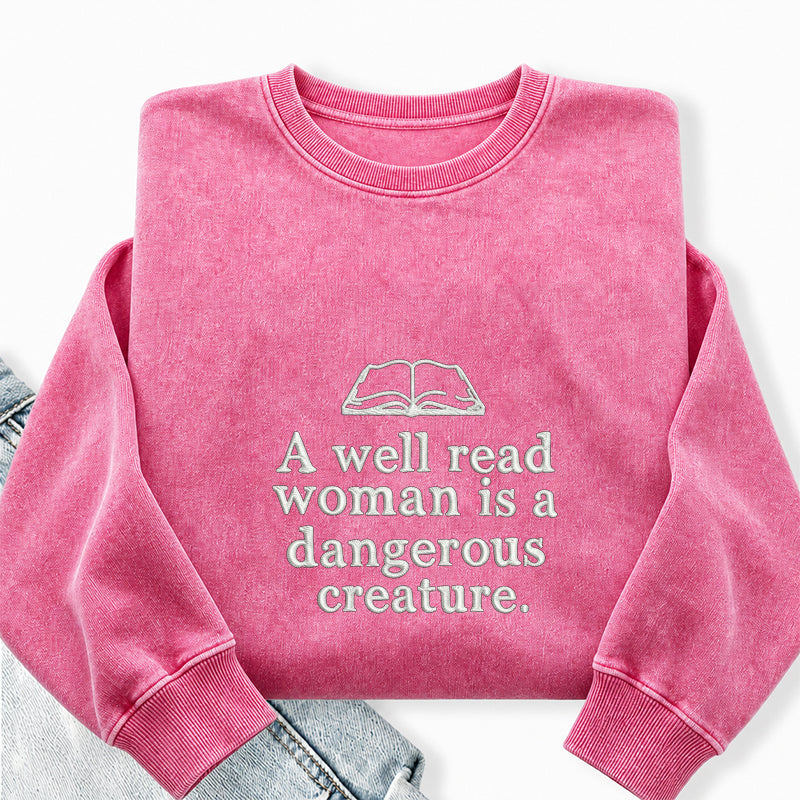 Embroidered A Well Read Woman Washed Crewneck Sweatshirt