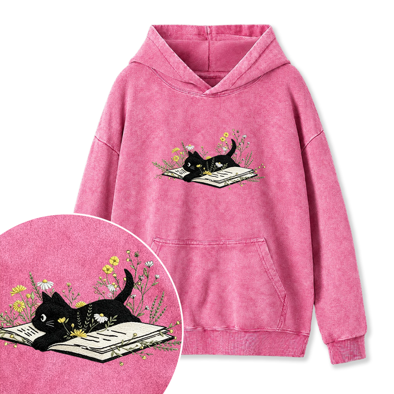 Embroidered Floral Book Cats Washed Hoodie