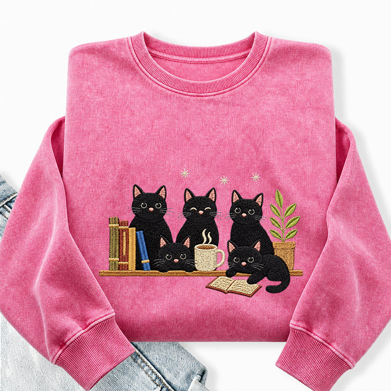 Embroidered Black Cat On Bookshelf Washed Crewneck Sweatshirt